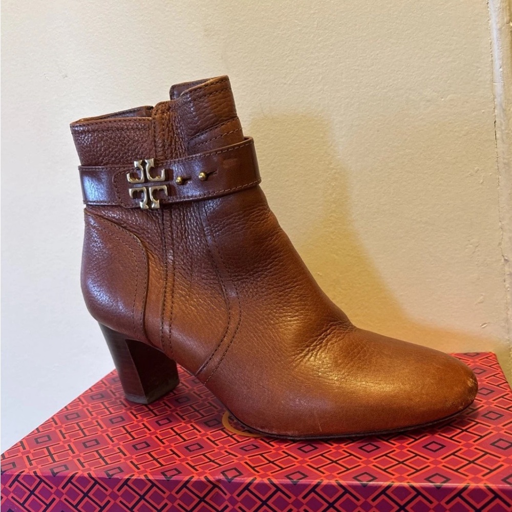 Tory Burch Brown Leather Ankle Booties with Gold Logo